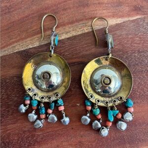 Vintage Brass Dangle Earrings with Turquoise & Coral Beads Tribal Boho Bells